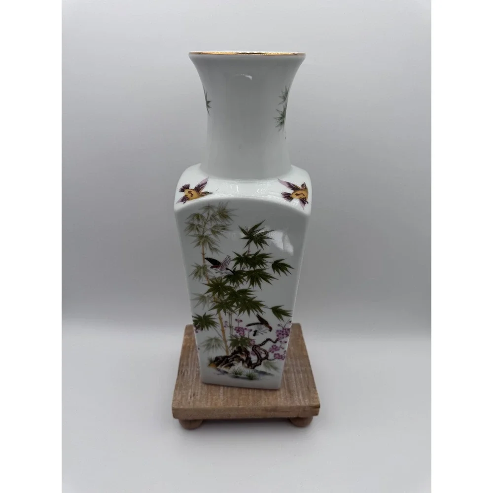 Satsuki Japan Porcelain Vase Vintage Bamboo Birds Cherry Blossom Gold Rim